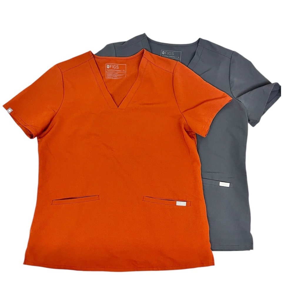 Figs Set of 2 Technical Collection Catarina Scrub Top Burnt Orange and Gray